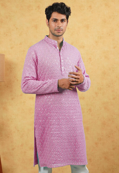 Embroidered Georgette Kurta in Pink