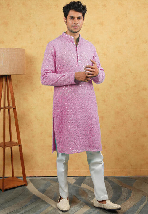 Embroidered Georgette Kurta in Pink