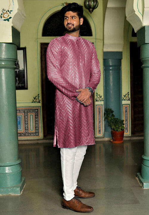 Embroidered Georgette Kurta in Shaded Pink