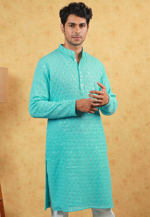 Embroidered Georgette Kurta in Turquoise