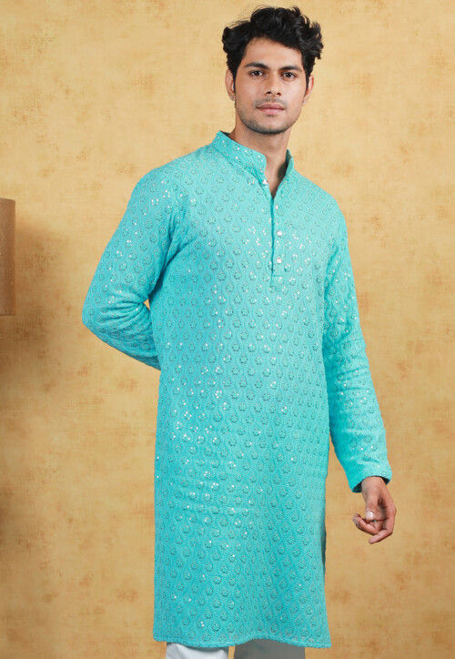 Embroidered Georgette Kurta in Turquoise