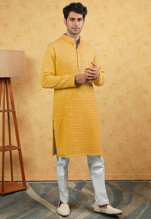 Embroidered Georgette Kurta Set in Light Mustard