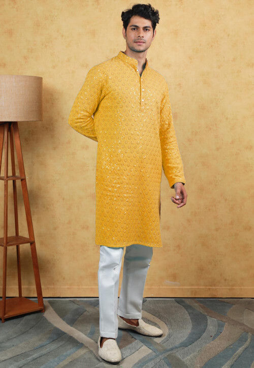 Embroidered Georgette Kurta Set in Light Mustard