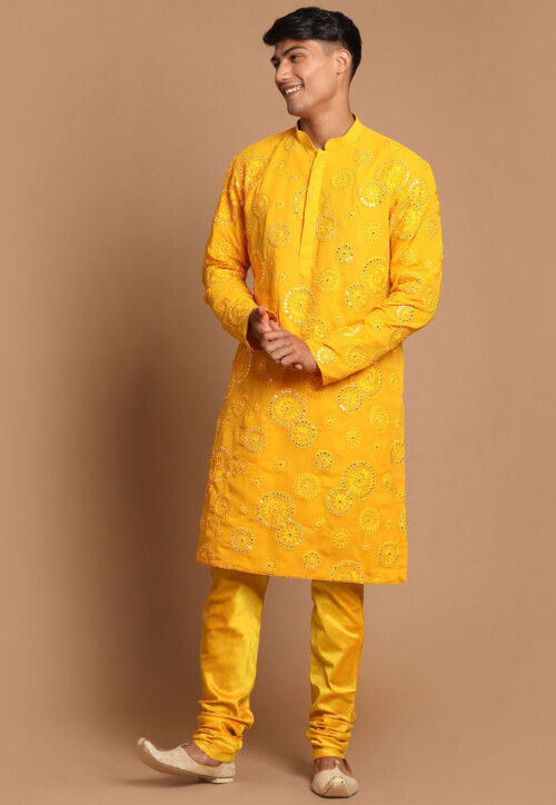 Embroidered Georgette Kurta Set in Mustard