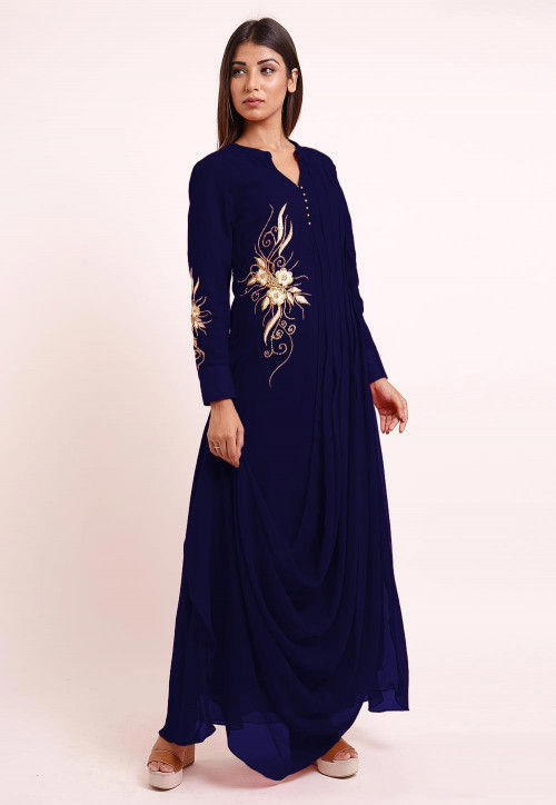 Embroidered Georgette Kurta Set in Navy Blue : TUC1357