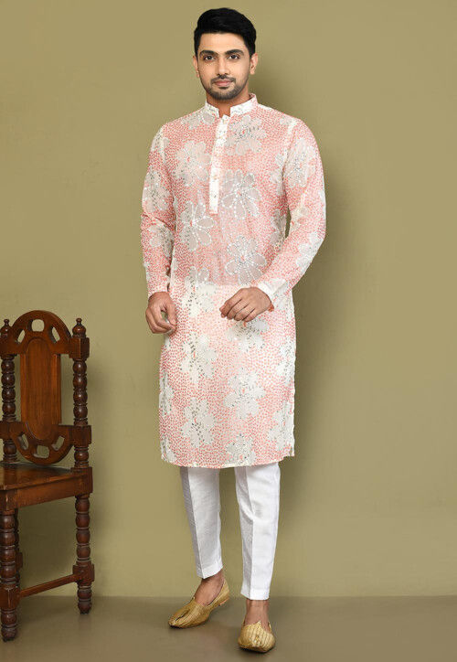 Embroidered Georgette Kurta Set in Off White