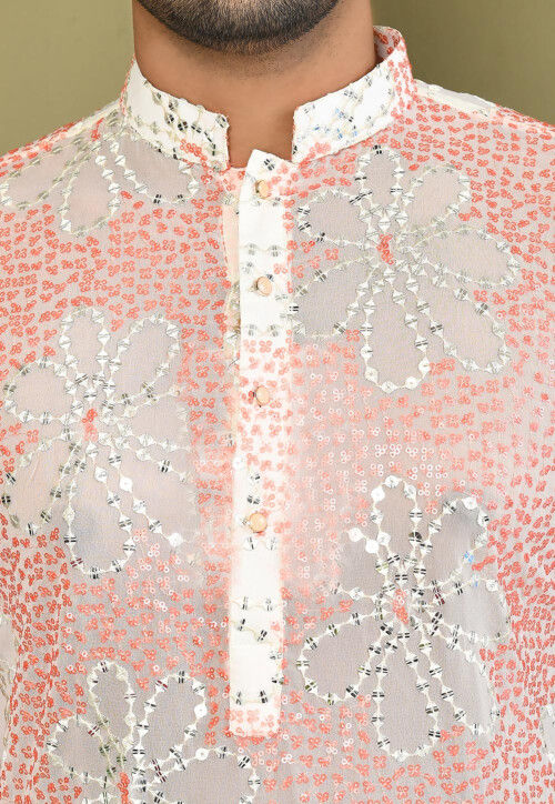 Embroidered Georgette Kurta Set in Off White