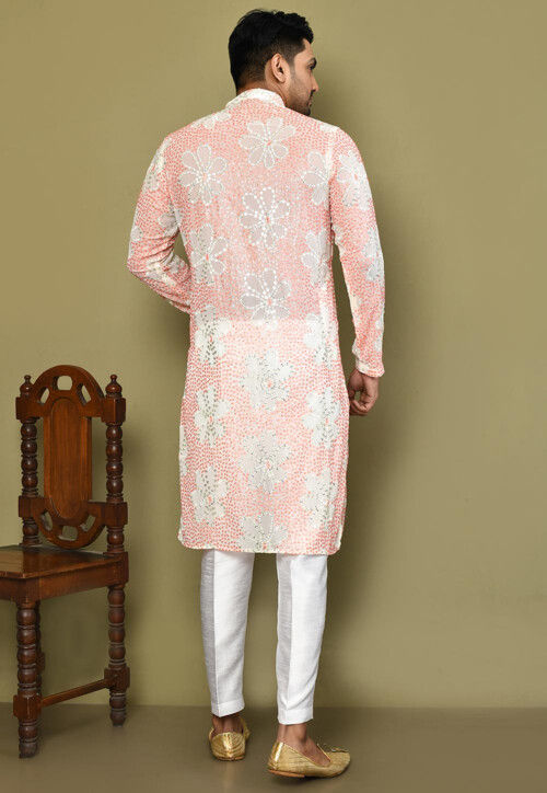 Embroidered Georgette Kurta Set in Off White