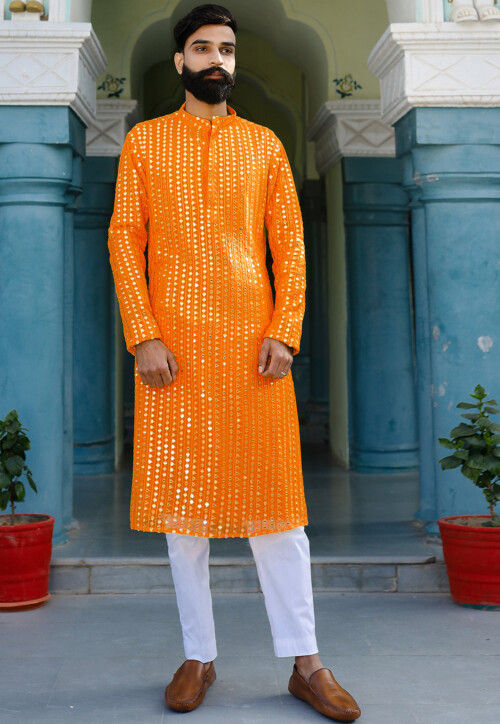 Buy Embroidered Georgette Kurta Set in Orange Online MTE1676