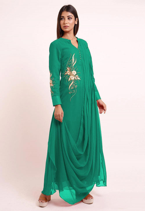 Embroidered Georgette Kurta Set in Teal Green