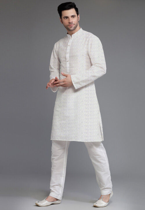 Embroidered Georgette Kurta Set in Cream