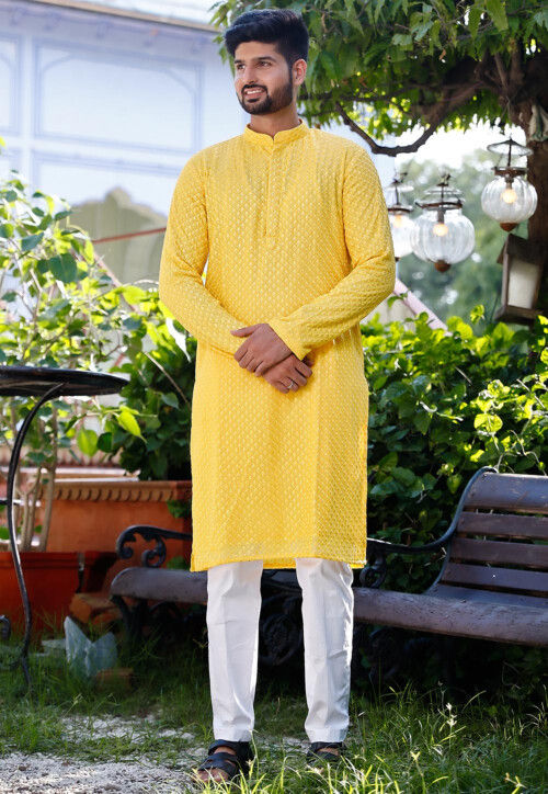 Buy Yellow Thread Embroidered Rayon Kurta Online - W for Woman