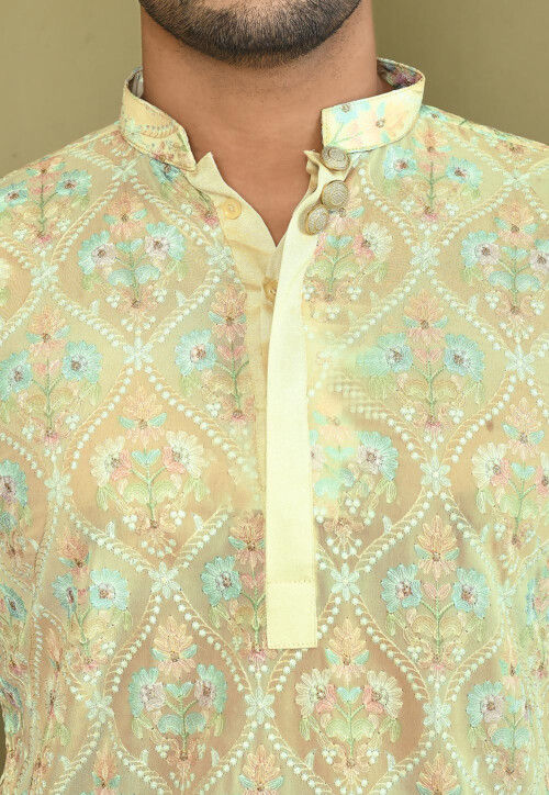 Embroidered Georgette Kurta Set in Yellow