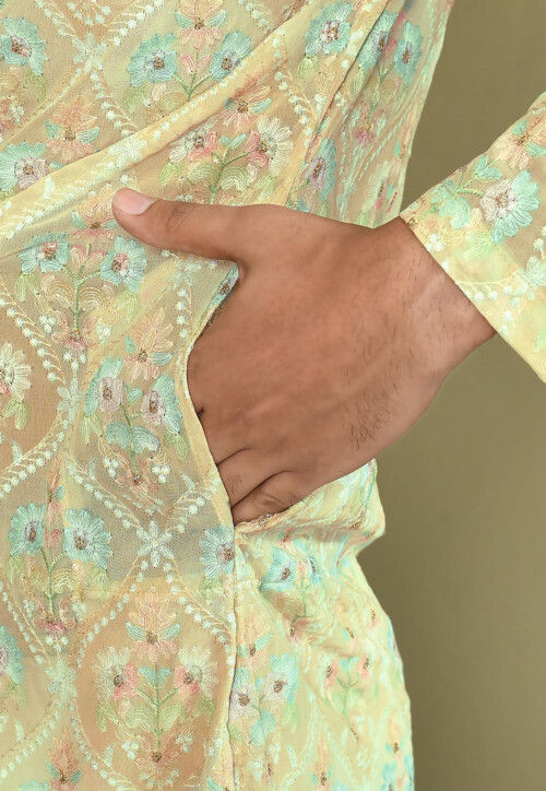 Embroidered Georgette Kurta Set in Yellow