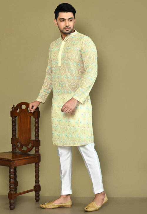 Embroidered Georgette Kurta Set in Yellow