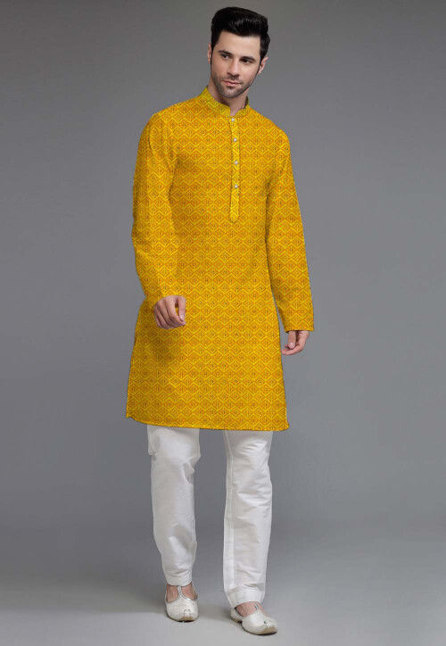 Embroidered Georgette Kurta Set in Yellow