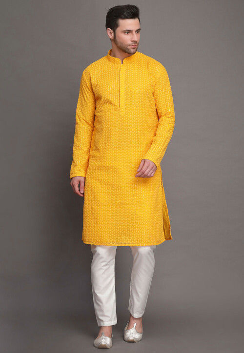 Embroidered Georgette Kurta Set in Yellow MXX48