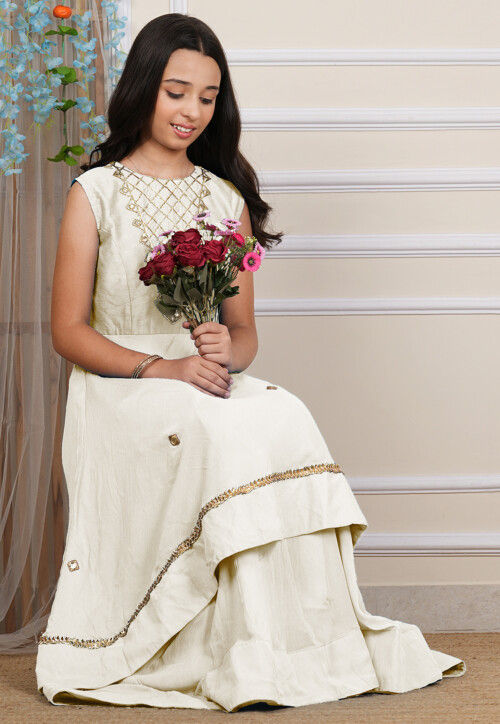 Women Ivory Ethnic Motif Printed & Embroidered Georgette Layered Maxi Dress