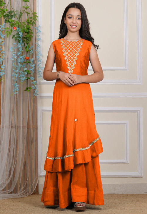 Embroidered Georgette Layered Gown in Orange