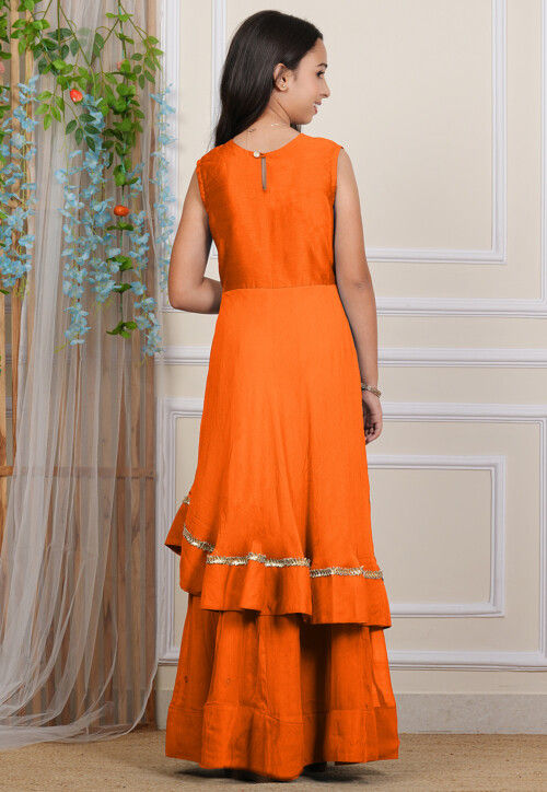 Embroidered Georgette Layered Gown in Orange