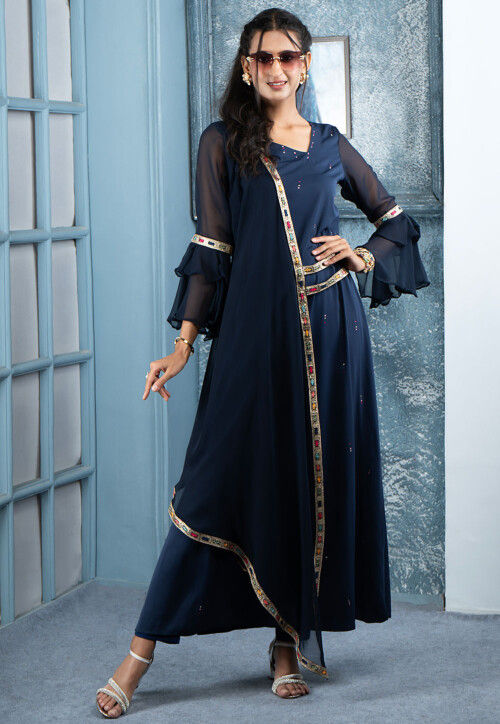 Buy Embroidered Georgette Layered Kurta in Navy Blue Online TNC1821 Utsav Fashion