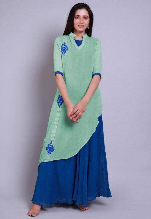 layered kurta dress Fuschia Shantoon Gold Foil Print Layered Kurta Dress