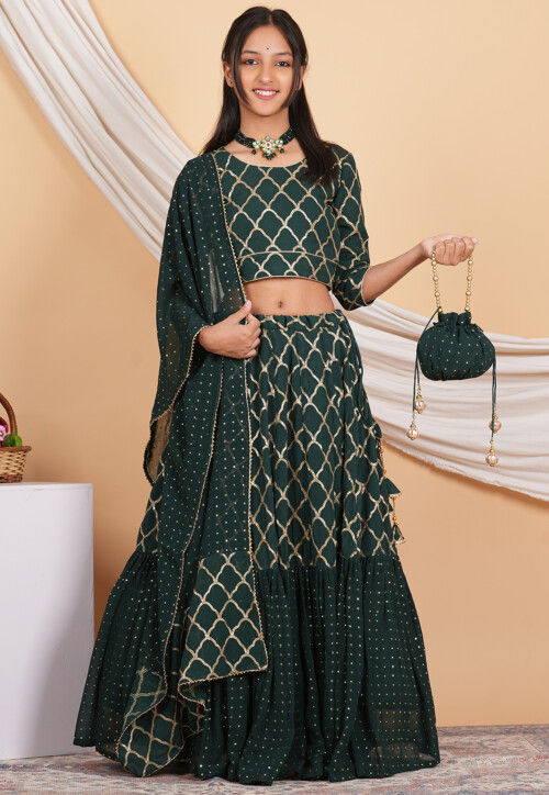 Embroidered Georgette Layered Lehenga in Dark Green