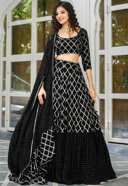 Embroidered Georgette Ruffled Lehenga in Black