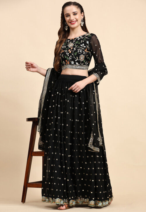 Embroidered Georgette Lehenga in Black