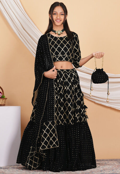 Embroidered Georgette Lehenga in Black