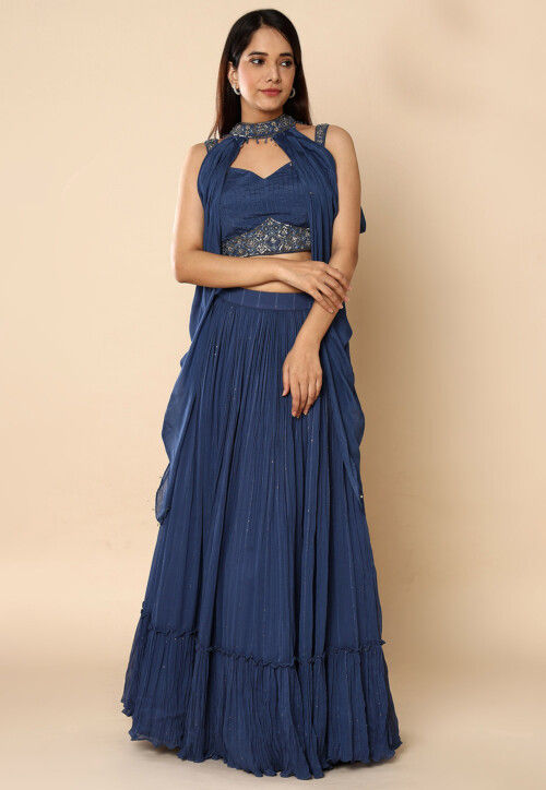 Embroidered Georgette Lehenga in Blue
