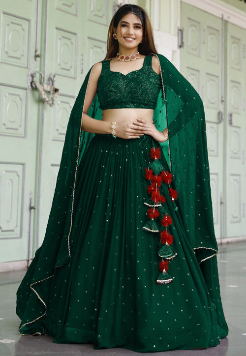 Embroidered Georgette Lehenga in Dark Green