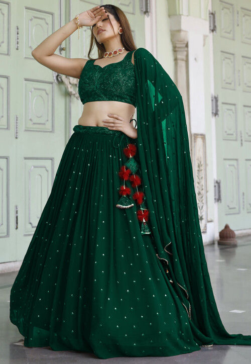 Embroidered Georgette Lehenga in Dark Green