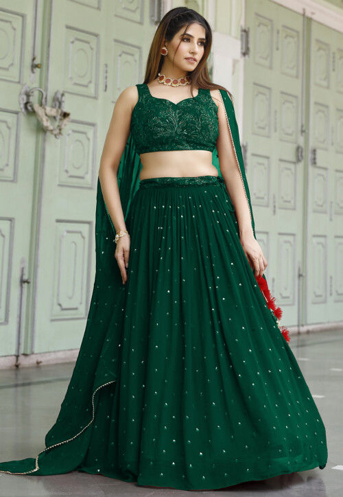 Embroidered Georgette Lehenga in Dark Green