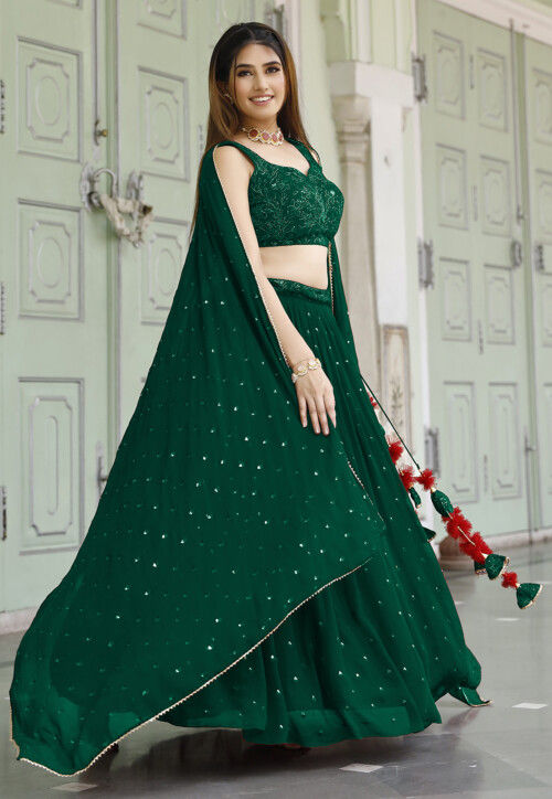 Embroidered Georgette Lehenga in Dark Green