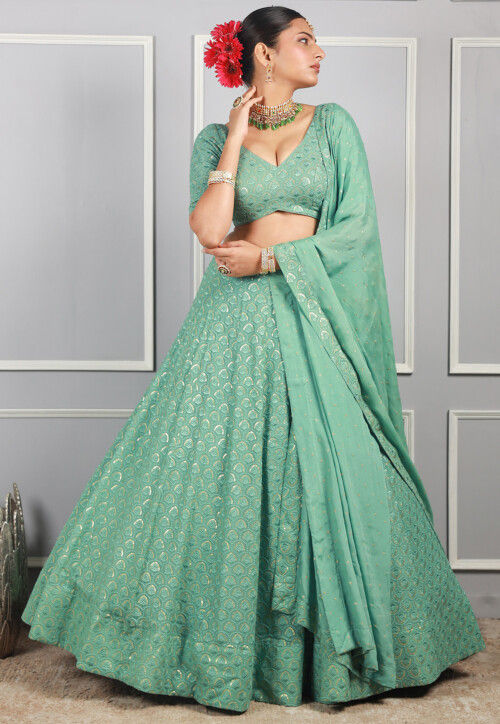 Embroidered Georgette Lehenga in Dusty Green