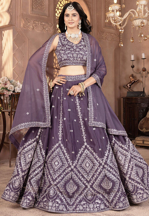 Embroidered Georgette Lehenga in Dusty Purple