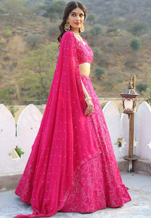 Embroidered Georgette Lehenga in Fuchsia