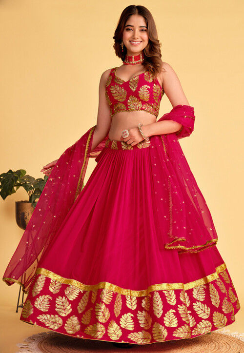 Embroidered Georgette Lehenga in Fuchsia