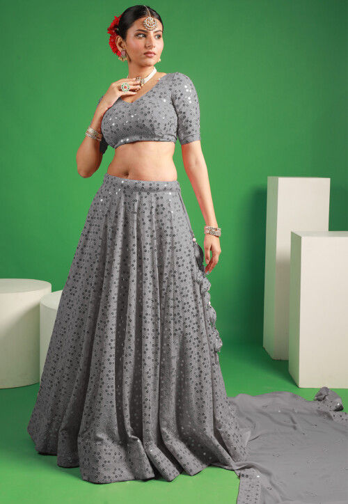 Embroidered Georgette Lehenga in Grey