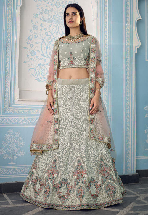 Embroidered Georgette Lehenga in Grey