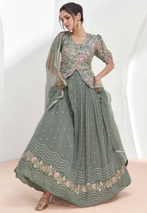 Embroidered Georgette Lehenga in Grey