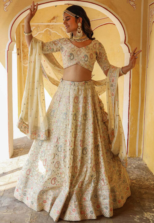 Buy Cream And Lavender Shaded Sequins Lehenga With Hand