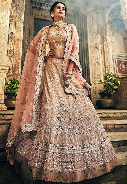 Embroidered Georgette Lehenga in Light Peach