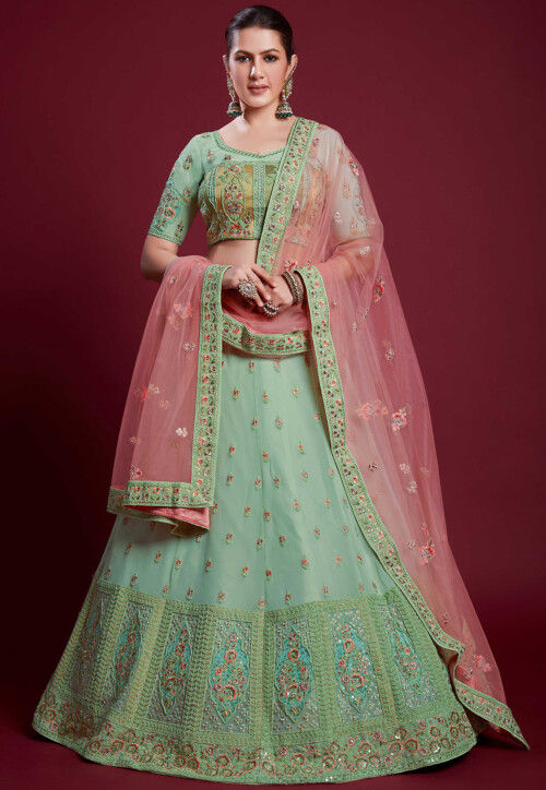 Embroidered Georgette Lehenga in Light Green