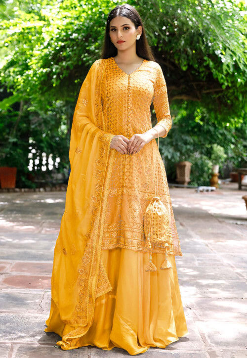 Embroidered Georgette Lehenga in Light Mustard