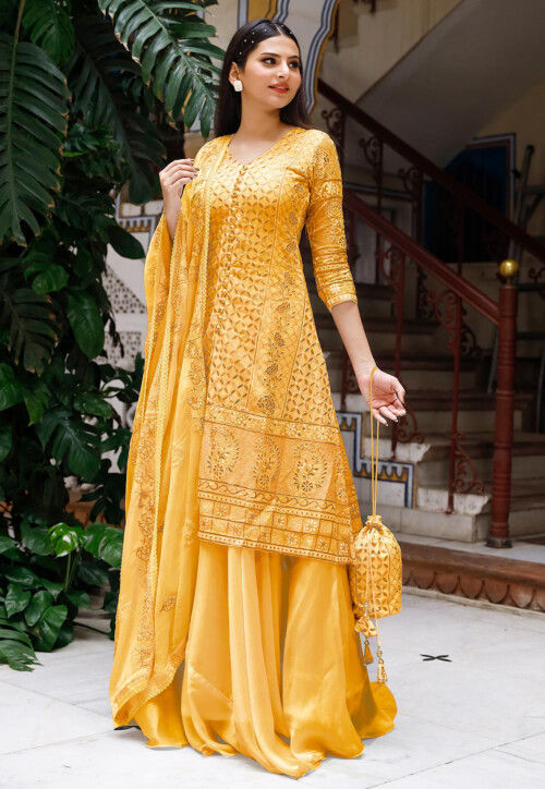 Embroidered Georgette Lehenga in Light Mustard