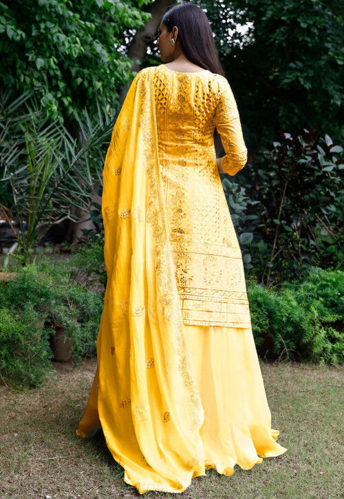 Embroidered Georgette Lehenga in Light Mustard