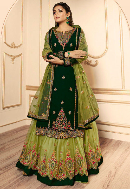 Dark Olive Green Art Silk Party Wear Lehenga Choli @Indian Couture