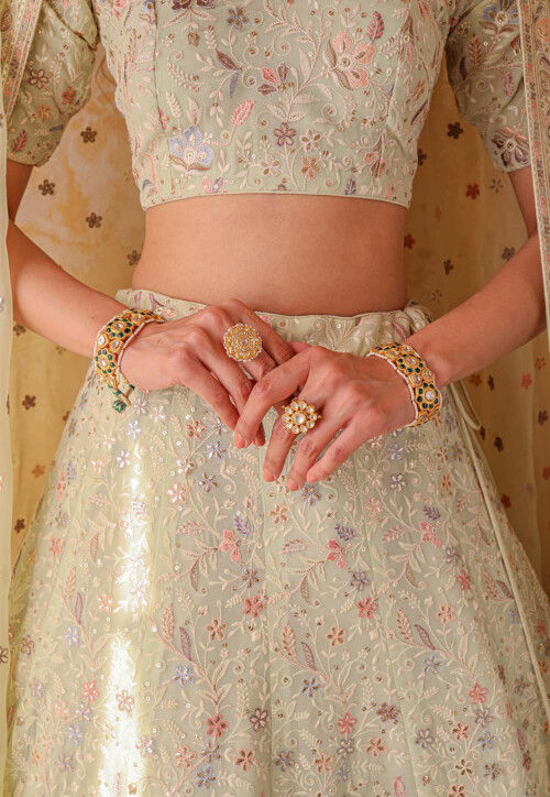 Embroidered Georgette Lehenga in Light Olive Green